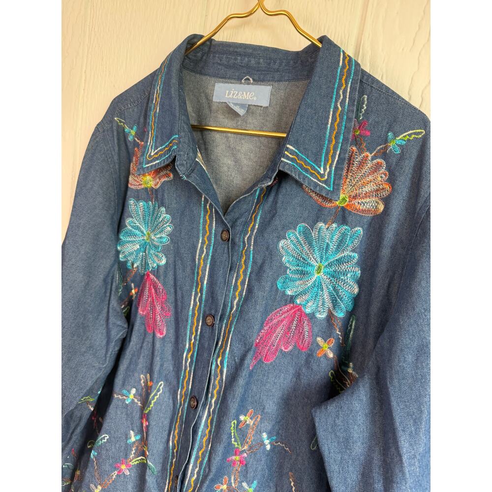 Liz & Me 3X Embroidered Denim Button Up Tunic Floral Boho Cottagecore Plus - Picture 2 of 7
